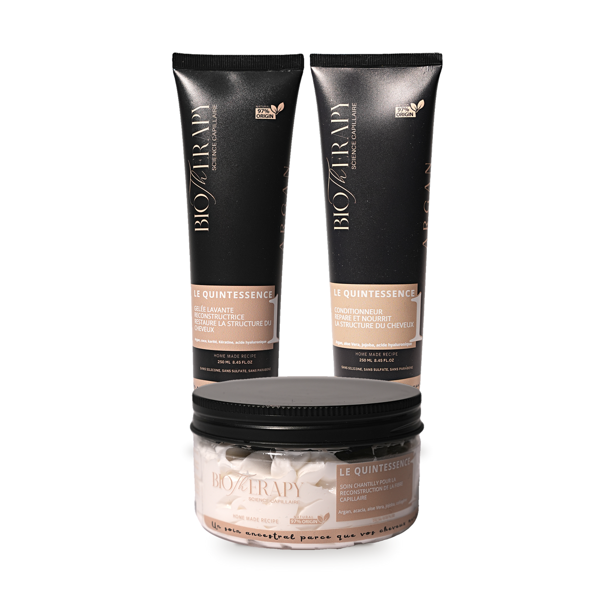 Rituel Réparateur à l'Argan : shampoing, après-shampoing et soin chantilly Le Quintessence