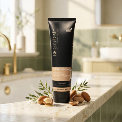 L'après-shampoing Le Quintessence sur une margelle de marbre, entouré de noix d'argan