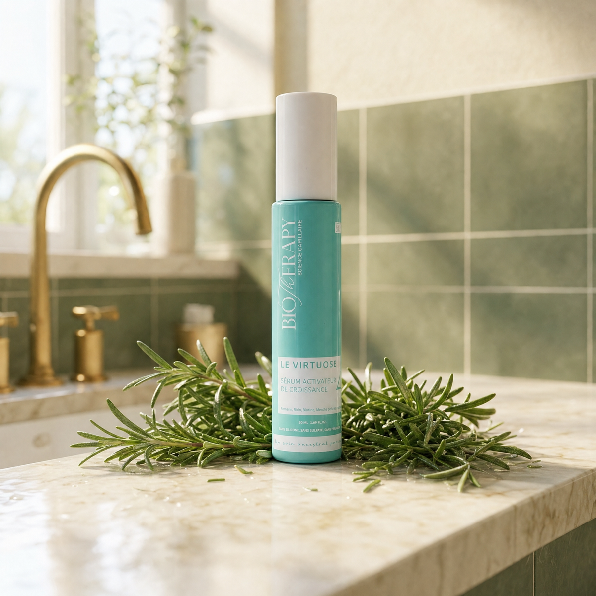 Le rituel booster de pousse sur une margelle de marbre, entouré de romarin
