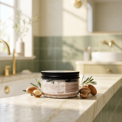 Le soin Chantilly Le Quintessence sur une margelle de marbre, entouré de noix d'argan